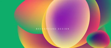 Soyut, enerjik şekiller çakışıyor, renkli gradyanlar yaratıyor. Tasarım pürüzsüz geçişler ve modern estetik içeriyor. Arkaplan deniz mavisi.