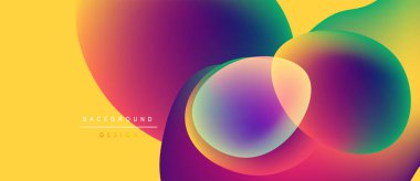 Canlı, soyut bir arkaplan. Üst üste binen renkli çemberler dinamik görsel efekt yaratır. Sarı egemen, mor aksanlar mevcut. Modern tasarım.