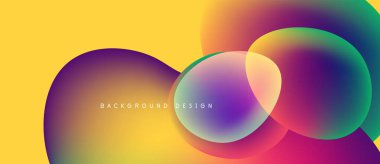 Soyut, canlı çemberler sarı arkaplan ile örtüşüyor. Gradyan renkler modern görsel efekt oluşturur. Tasarım enerji ve hareket önerir..