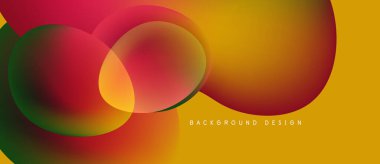 Soyut, canlı şekiller örtüşüyor, dinamik, renkli bir arkaplan oluşturuyor. Sarı, kırmızı, yeşil renkler düzgün bir şekilde harmanlanır. Metin arkaplan tasarımı okur.