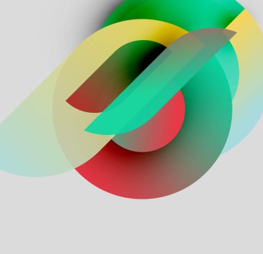 Üst üste binen renkli daireler içeren soyut bir kompozisyon. Şekiller karışır, dinamik görsel efekt yaratır. Yumuşak eğimler derinliği ve biçimi arttırır.