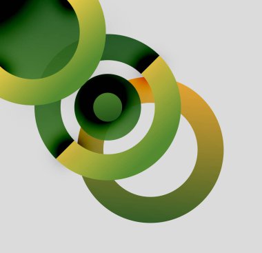 Soyut çemberler üst üste binerek katmanlı bir etki yaratıyor. Yeşil, sarı, turuncu renkler tarafsız arkaplanda baskın. Modern tasarım ögesi.