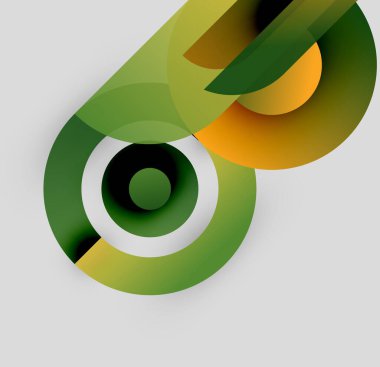 Soyut tasarım özellikleri üst üste binen daireler, gradyanlar. Yeşil, turuncu renkler nötr arka plana hakim. Modern, minimalist estetik.