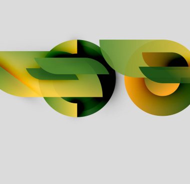 Soyut tasarım özellikleri üst üste binen yeşil, sarı şekiller. Renkler derinlik yaratır, modern estetik. Minimalist kompozisyon, nötr arkaplan.