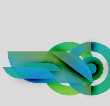 Soyut tasarım özellikleri mavi, yeşil şekiller akar. Üst üste binen katmanlar dinamik görsel efekt yaratır. Minimalist biçim, hafif arkaplan.