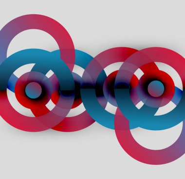 Soyut tasarım özellikleri üst üste binen kırmızı, mavi daireler. Karmaşık etkileşim dinamik görsel efekt yaratır. Minimalist tarz, modern estetik.