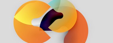 Soyut şekiller örtüşür, canlı renk karışımları yaratır. Turuncu baskın, karanlık merkezle zıt, açık arkaplan. Modern tasarım.