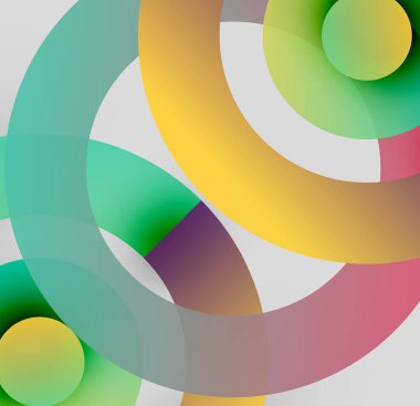 Soyut kompozisyon. Üst üste binen renkli çemberler dinamik görsel efekt yaratır. Gradyanlar renkleri karıştırır, modern tasarımı oluşturur..