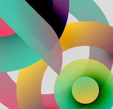 Soyut kompozisyon. Üst üste binen renkli çemberler dinamik görsel efekt yaratır. Yumuşak gradyanlar, modern tasarım, canlı renkler.