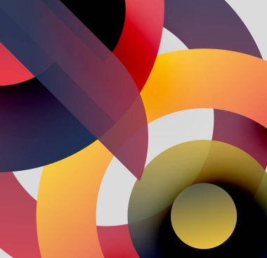 Soyut kompozisyon. Üst üste binen renkli çemberler dinamik görsel efekt yaratır. Sıcak, serin tonlar kusursuz bir şekilde harmanlanır. Modern tasarım.