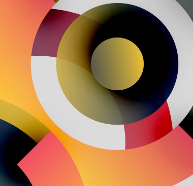 Soyut daireler örtüşür, canlı renk karışımları yaratır. Sıcak tonlar siyah aksanlı kompozisyonda baskın. Modern tasarım, basit geometri.