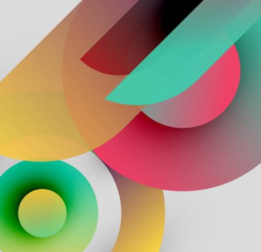 Soyut kompozisyon. Üst üste binen renkli daireler, gradyanlar, şekiller dinamik görsel efektler yaratır. Modern tasarım elemanları.