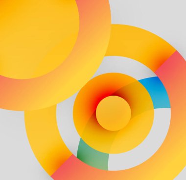 Soyut çemberler çakışıyor, canlı gradyanlar yaratıyor. Sıcak renkler baskın, havalı tonlar da var. Minimalist tasarım, modern estetik.
