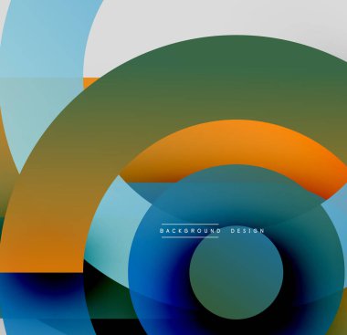 Soyut geometrik şekiller çakışıyor. Renkler arasında mavi, yeşil, turuncu, siyah, beyaz yer alıyor. Modern tasarım elementleri görsel ilgi yaratır.