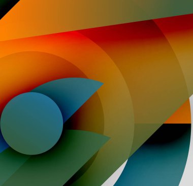 Soyut kompozisyon. Üst üste binen renkli kavisler, daireler, dikdörtgenler dinamik görsel deneyimler yaratır. Sıcak, serin tonlar pürüzsüz harmanlanır.