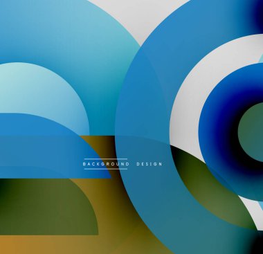 Soyut kompozisyon. Üst üste binen daireler dinamik görsel efekt yaratır. Mavi, yeşil, kahverengi renkler tasarımda baskın. Modern estetik.