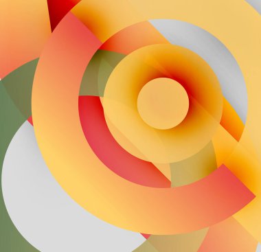 Soyut daireler çakışıyor, dinamik görsel etki yaratıyor. İnce gri aksanlı, sıcak renkler baskın gelir. Modern tasarım.