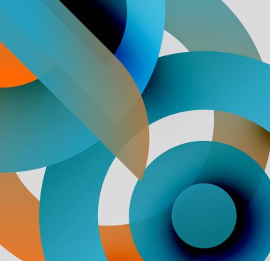 Üst üste binen daireler, kıvrımlar içeren soyut bir kompozisyon. Renkler arasında mavi, turuncu, kahverengi, beyaz ve koyu arkaplan yer alıyor. Modern tasarım.