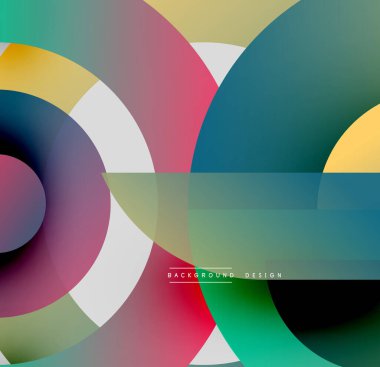 Soyut renkli daireler, dikdörtgenler üst üste biniyor. Gradyan gölgeler modern görsel efektler yaratır. Arkaplan tasarım ögeleri mevcut.