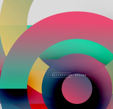 Soyut renkli katmanlar dinamik bileşim yaratır. Üst üste binen şekiller, gradyanlar, modern tasarım elementleri görsel uyum sunar.