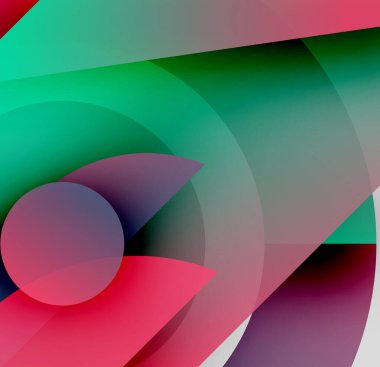 Soyut kompozisyon. Üst üste binen renkli çemberler, şekiller dinamik görsel efektler yaratır. Gradyan renkler kusursuz bir şekilde harmanlanır. Modern tasarım.