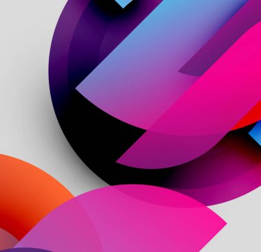 Soyut şekiller örtüşüyor, canlı gradyanlar yaratıyor. Pembe, mor, turuncu renkler kompozisyona hakim. Modern tasarım, dijital sanat tarzı.
