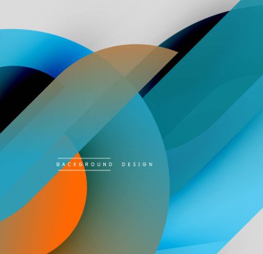 Soyut kompozisyon. Üst üste binen şekiller dinamik görsel efekt yaratır. Mavi, turuncu, kahverengi renkler tasarımda baskın. Modern, temiz estetik.