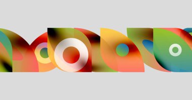 Soyut renkli örtüşen şekiller dinamik görsel desenler oluşturur. Düzen eğimleri, daireler, dikdörtgenler baskın bileşim.