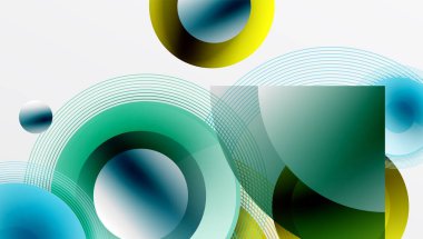 Üst üste binen daireler, kareler, çizgiler içeren soyut bir kompozisyon. Renkler arasında sarı, yeşil, mavi gradyanlar var. Modern tasarım elemanları.