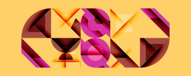 Soyut geometrik tasarım. Şekiller örtüşüyor, canlı bir bileşim oluşturuyor. Pembe, sarı renkler görsel alana hakim. Modern, sanatsal stil.