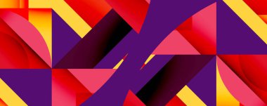 Soyut geometrik bileşim. Canlı renkler karışıyor, dinamik şekiller yaratıyor. Kalın üçgenler, kıvrımlar dizaynın hakimi. Modern estetik.