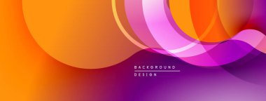 Soyut arkaplan özellikleri üst üste binen daireler, canlı gradyanlar. Turuncu, mor renkler dinamik görsel akış yaratır. Modern tasarım ögesi.
