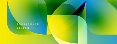 Soyut geometrik şekiller canlı sarı, yeşil, mavi renkleri harmanlarlar. Modern tasarım dinamik görsel deneyim yaratır.