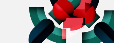 Soyut geometrik şekiller, kırmızı küreler, yeşil eğriler. Minimalist tasarım, temiz çizgiler, modern estetik. Parlak renkler, basit kompozisyon.