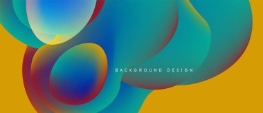 Soyut sıvı şekilleri örtüşür ve canlı renk değişimleri yaratır. Sarı arkaplan mavi, yeşil, kırmızı renkleri tamamlar. Modern tasarım ögesi.