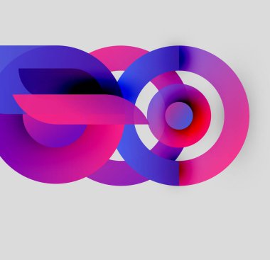 Soyut tasarım özellikleri üst üste binen renkli daireler. Renkli tonlar mor, mavi ve pembe karışımı. Modern, dinamik kompozisyon. Minimalist stil.