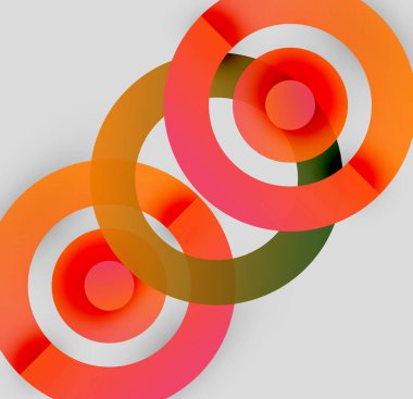 Soyut daireler örtüşüyor, canlı renk eğimleri yaratıyor. Turuncu, kırmızı, sarı renkler kompozisyona hakim. Minimalist tasarım, modern estetik.