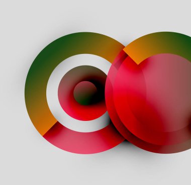 Soyut daireler örtüşüyor, renkli bir tasarım yaratıyor. Kırmızı, yeşil, beyaz, turuncu renkler harmanlanır. Modern grafik ögesi.