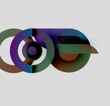 Soyut tasarım özellikleri üst üste binen renkli daireler, karmaşık görsel etkileşimler yaratıyor. Yumuşak gri arkaplan şekilleri geliştirir.