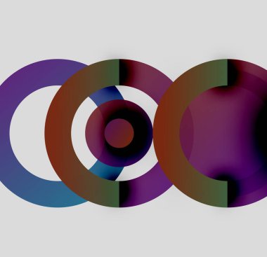 Soyut daireler çakışıyor, renkli gradyanlar yaratıyor. Tasarım mor, kahverengi, beyaz, mavi renklere sahiptir. Minimalist kompozisyon, modern estetik.