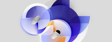 Üst üste binen mavi, beyaz, turuncu şekilli soyut kompozisyon. Dairesel biçimler dinamik görsel ilgi yaratır, modern estetik..