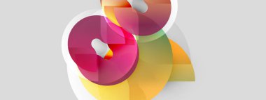 Soyut şekiller örtüşür, canlı renk karışımları yaratır. Pembe, turuncu, yeşil renkler nötr arka plana hakim. Modern tasarım ögesi.