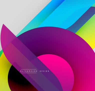 Soyut canlı katmanlar dinamik bileşim yaratır. Çemberler, dikdörtgenler kesişir, modern görsel deneyimi oluşturur. Renkli gradyanlar tasarıma hakim.