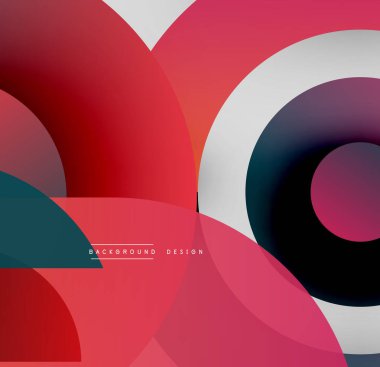 Soyut geometrik şekiller çakışıyor. Kırmızı, beyaz, deniz mavisi renkleri dinamik bileşim oluşturur. Modern tasarım elementleri pürüzsüz eğimler sunar.