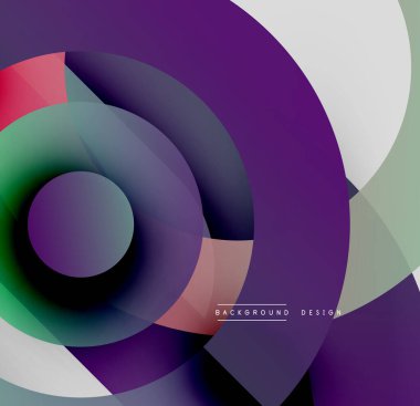 Soyut daireler çakışıyor, dinamik görsel etki yaratıyor. Mor, deniz mavisi, gri renkler kompozisyona hakim. Modern tasarım ögesi.