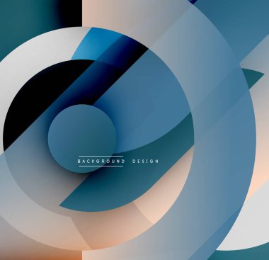 Soyut daireler üst üste binerek katmanlı görsel efekt yaratır. Mavi, deniz mavisi, şeftali tonları kompozisyona hakim. Modern tasarım ögesi.