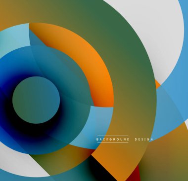Soyut daireler örtüşüyor, canlı renk eğimleri yaratıyor. Modern tasarım katmanlı şekiller, pürüzsüz geçişler içerir. Minimalist estetik.