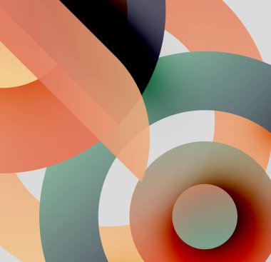 Soyut kompozisyon. Üst üste binen daireler yumuşak eğimler yaratıyor, sıcak tonlarda baskın, minimalist tasarım. İnce renk geçişleri mevcut.