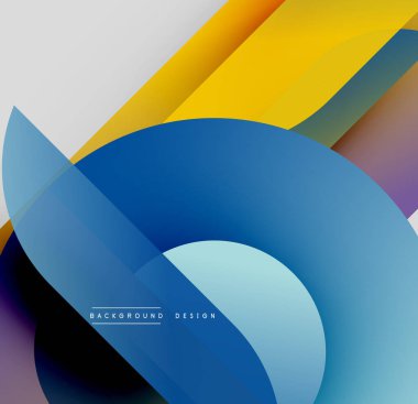 Soyut kompozisyon. Üst üste binen daireler, dikdörtgenler dinamik görsel efekt yaratır. Parlak renkler tasarıma hakim. Modern, temiz estetik.