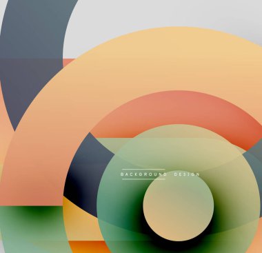 Soyut geometrik bileşim. Üst üste binen daireler, kareler katmanlı görsel efekt yaratır. Yumuşak renk paleti tasarıma hükmediyor.